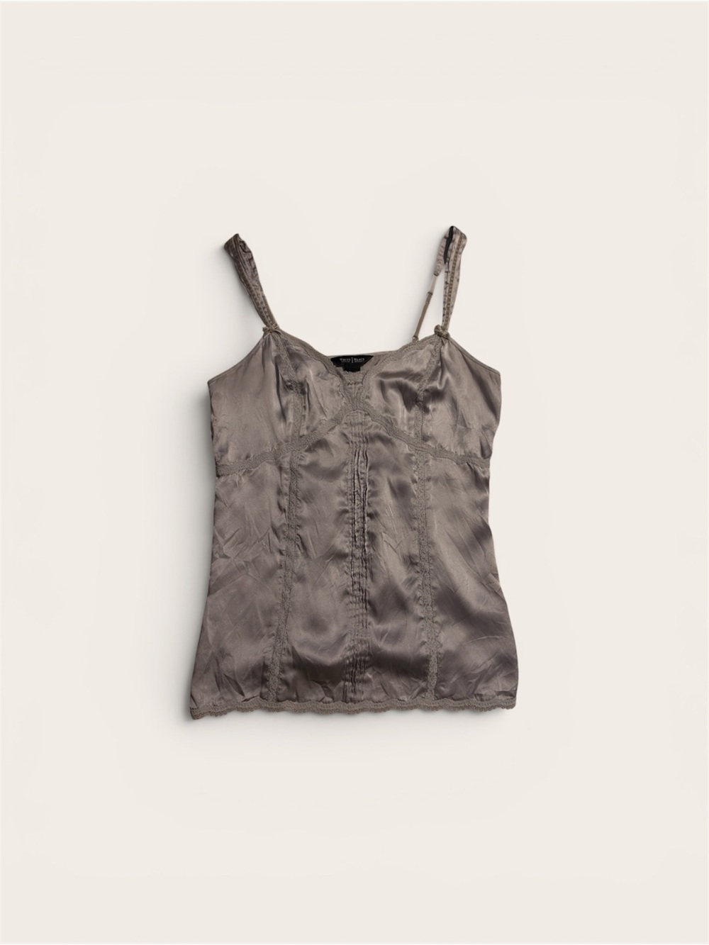 White House Black Market 100% Silk y2k Lace-Trim Cami - Taupe